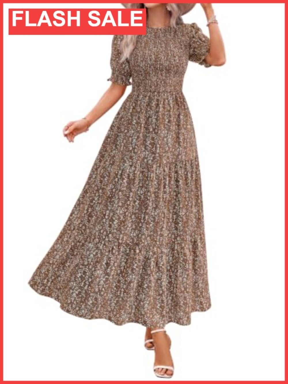 Casual Maxi Summer Dress Boho Floral Smocked Puff Sleeve